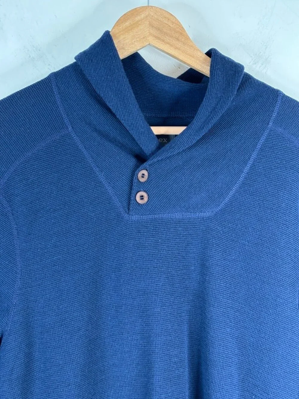 Ibex Merino Wool Sweater Mens Large Blue Shawl Collar Button Henley Made in USA